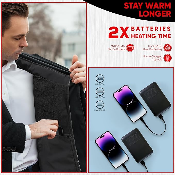 Fleece Mens Heated Vest Battery Pack Included + 2nd Battery. Up to 20 hours heat